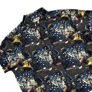 Patriotic Memorial Day July 4th Large button‎ up camp shirt Liberty Bell Statute